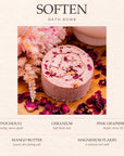 A bath bomb product graphic with the word SOFTEN and BATH BOMB at the top, a central photo of a round pink bath bomb topped with dried flower petals on a wooden surface, and scent/ingredient labels below: Patchouli, Geranium, Pink Grapefruit, Mango Butter, and Magnesium Flakes.