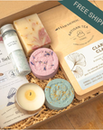 Self care subscription box Canada bath bombs, chocolate, tea, soap, bath salts, and meditation.