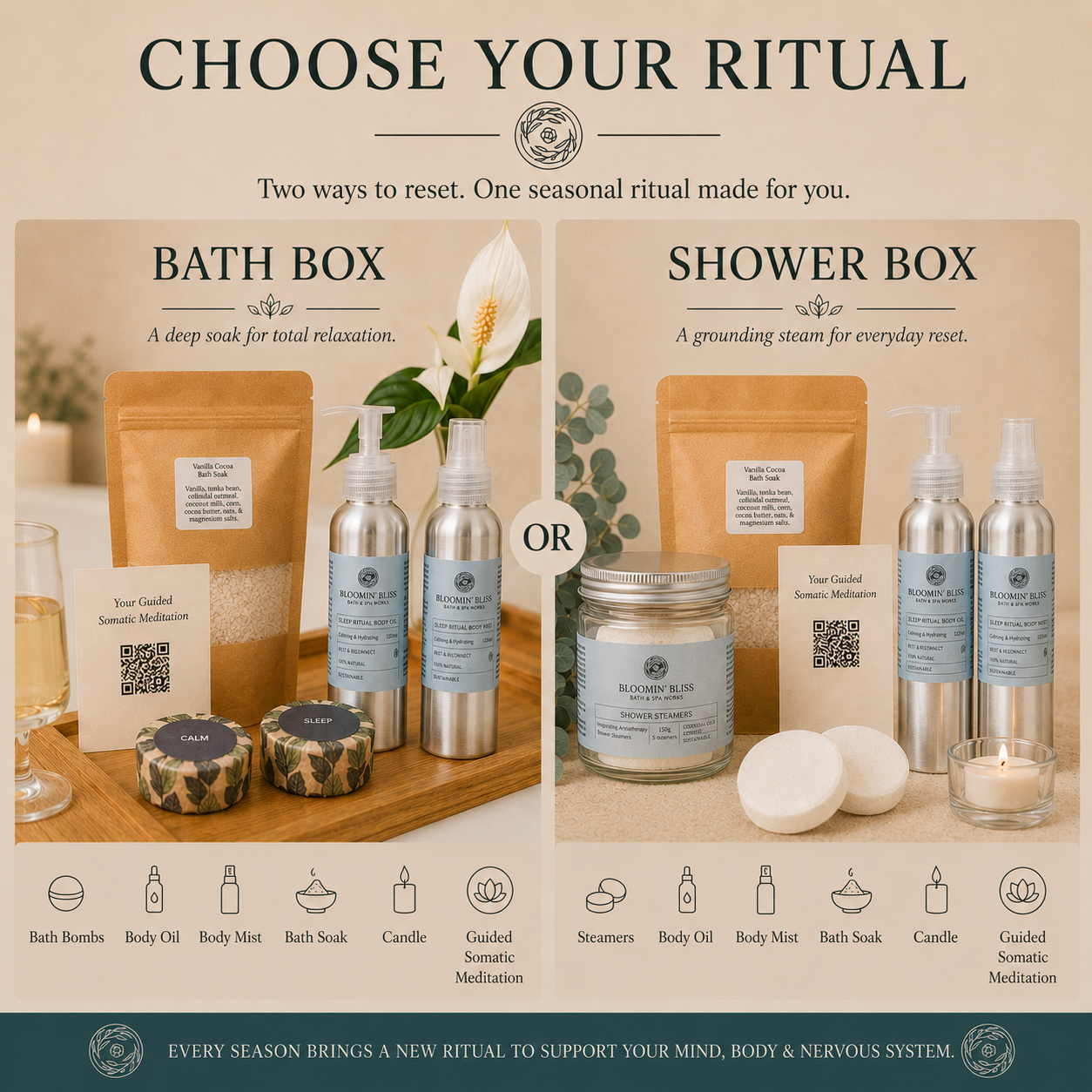 A promotional graphic for a bath and shower ritual set, showing two options: 'BATH BOX' and 'SHOWER BOX'. Each option displays a kraft paper pouch, silver spray bottles, a glass jar candle, and small round bath soaks on a wooden tray, accompanied by lifestyle props like a white orchid, bath bombs, and a candle. Subscription box Canada.