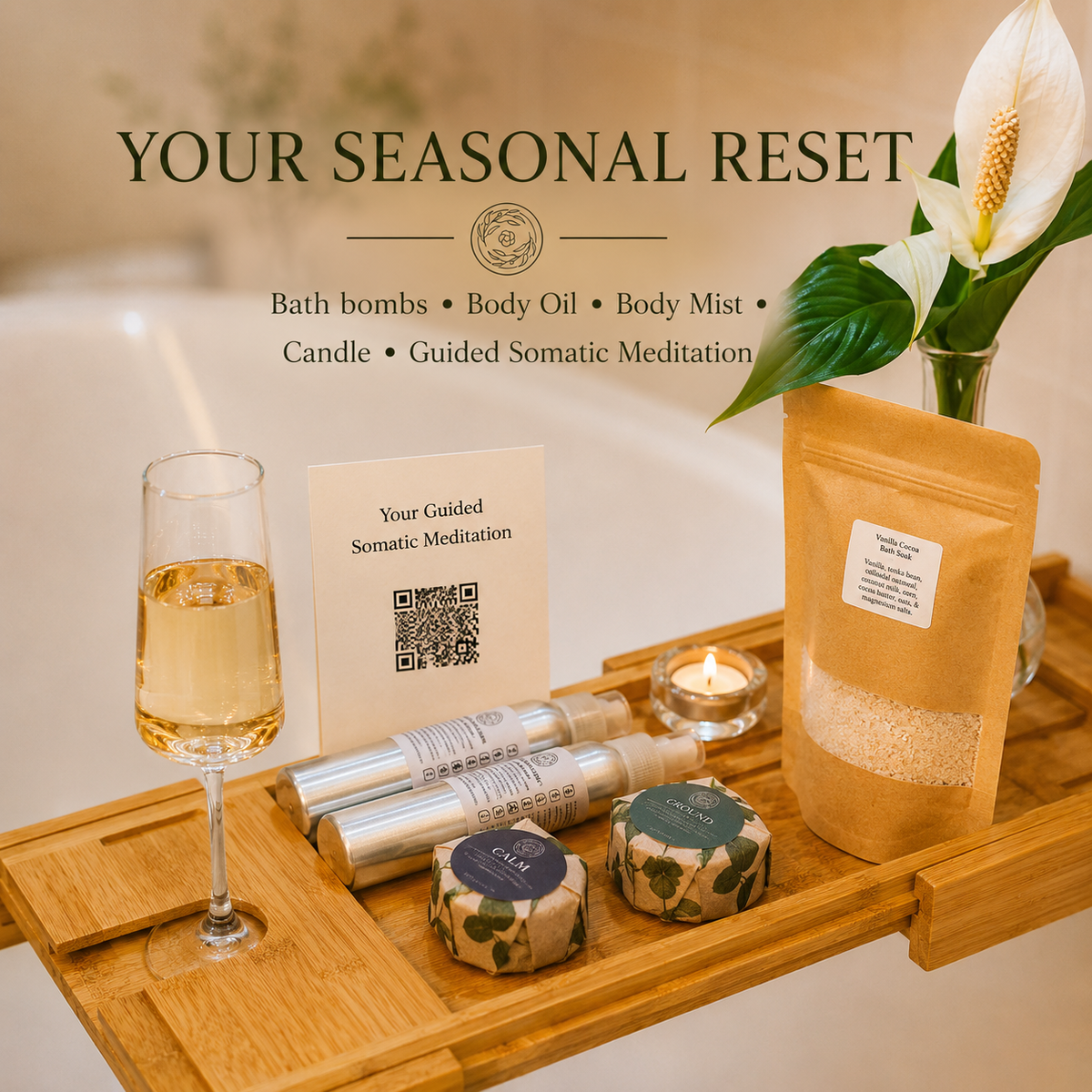 A wooden bath tray set in a spa-like bathroom scene with a glass of white wine, a candle, two wrapped bath bombs, two silver containers with body oil and body mist, a pouch of bath salts, and a card reading 'Your Guided Somatic Meditation.' Large text at the top says 'YOUR SEASONAL RESET' and lists included items: bath bombs, body oil, body mist, candle, and guided somatic meditation. Subscription box Canada.