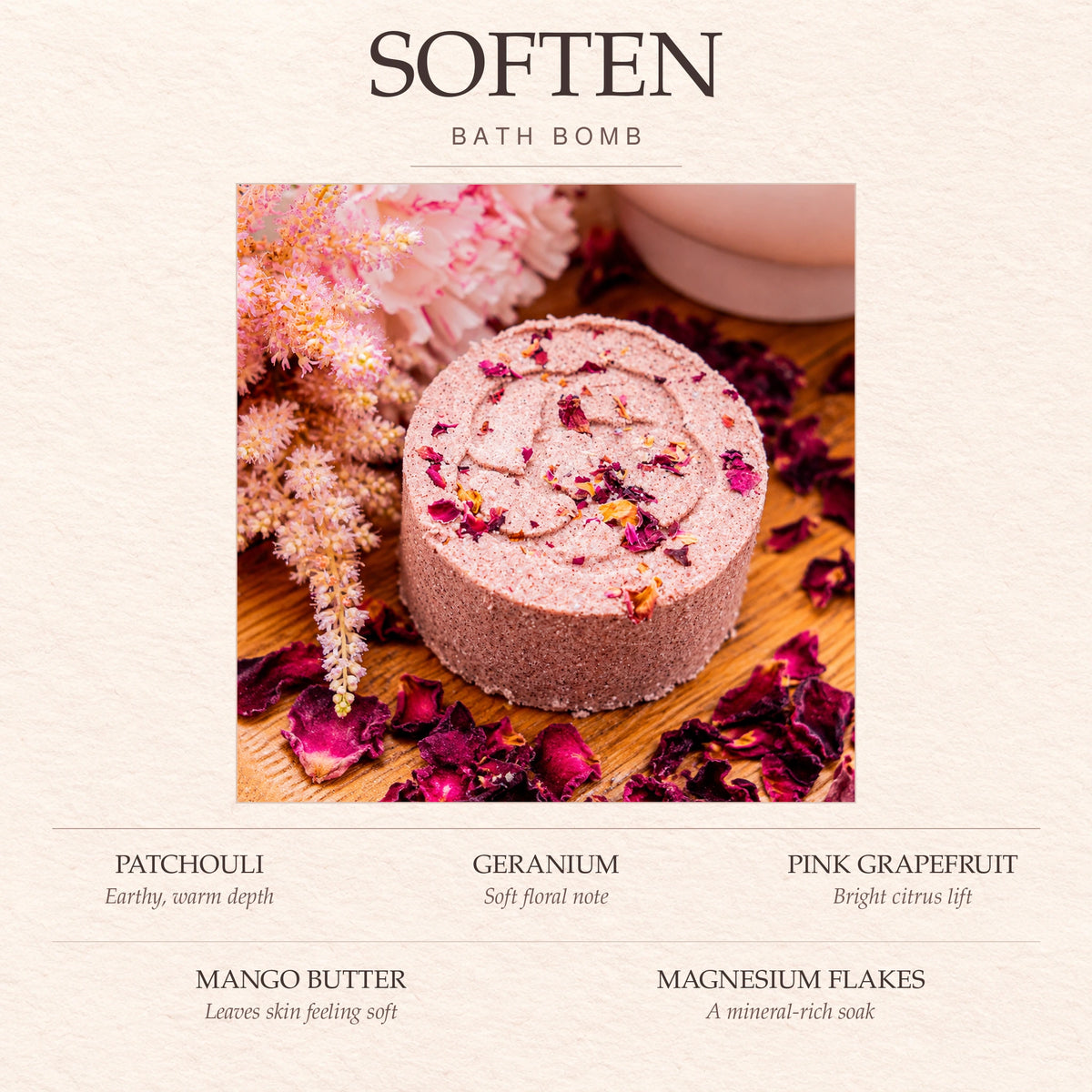 A bath bomb product graphic with the word SOFTEN and BATH BOMB at the top, a central photo of a round pink bath bomb topped with dried flower petals on a wooden surface, and scent/ingredient labels below: Patchouli, Geranium, Pink Grapefruit, Mango Butter, and Magnesium Flakes.