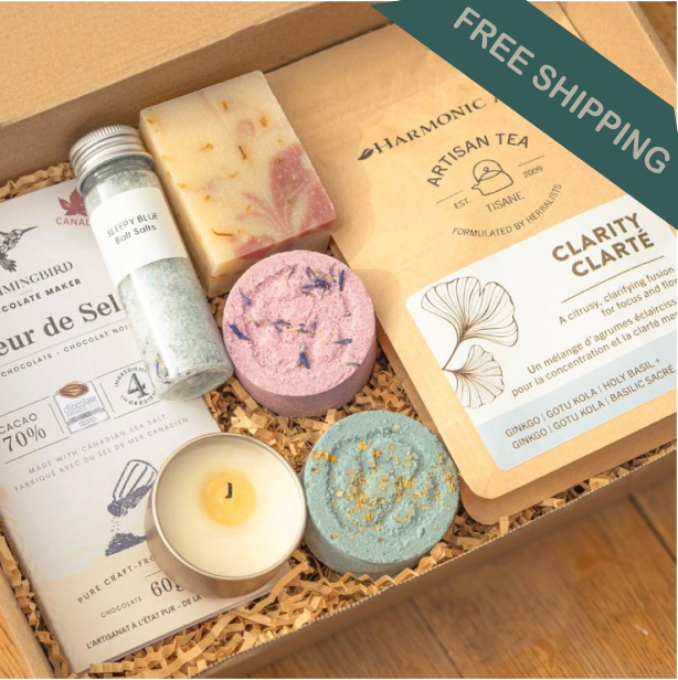 Self care subscription box Canada bath bombs, chocolate, tea, soap, bath salts, and meditation.